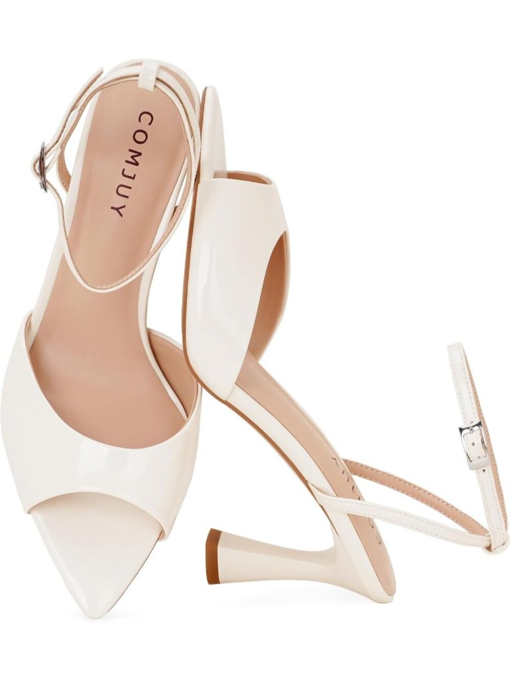 Women's Beige Peep Pointed Toe Strappy Flared Kitten Heeled Elegant Sandals